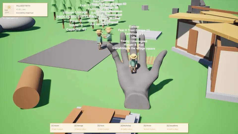 God Hand prototype showing a newborn villager held in the player's hand