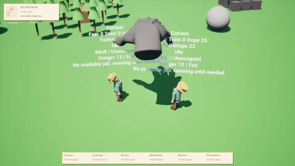 God Hand prototype showing villagers wandering beneath the player's hand